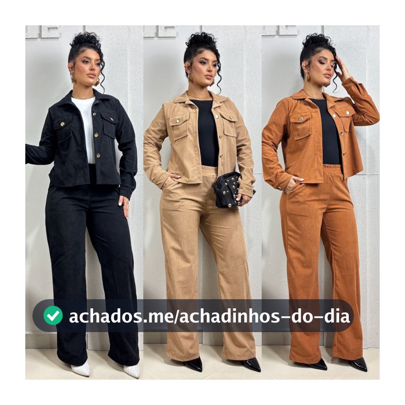 Conjunto Feminino PREMIUM INVERNO Veludo Cotelê Jaqueta Croped Calça Wide Leg Cintura Alta Tendencia