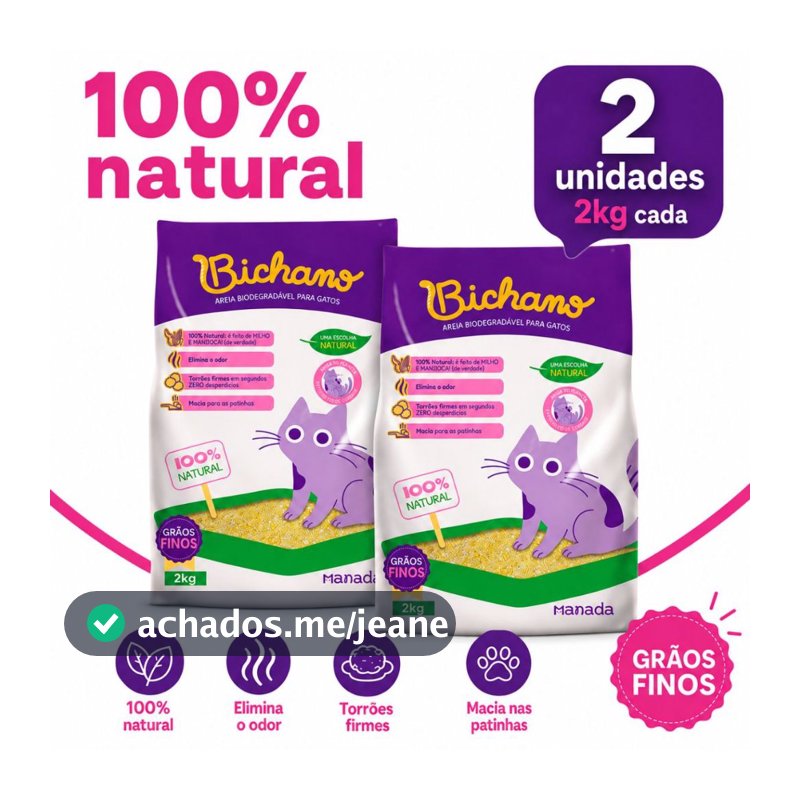 Kit 02 Areia Biodegradável Bichano Para Gatos Cat Grãos Finos 2kg Bio Milho e Mandioca Grão Fino Manada