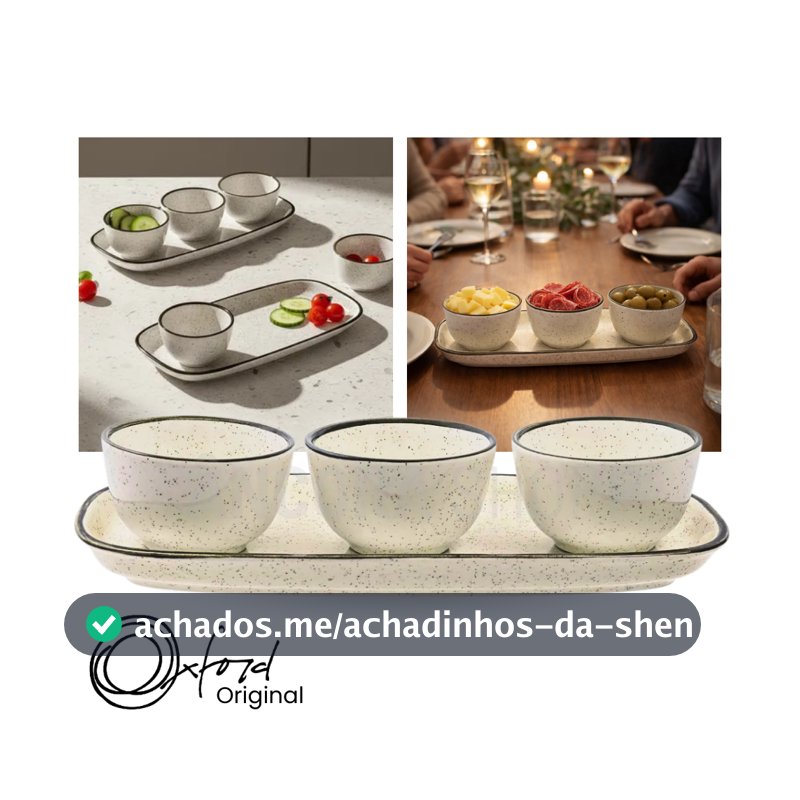 Jogo de Petisqueira 3 Bowls com Bandeja em Cerâmica Retangular Para Servir Domus Brisa Oxford