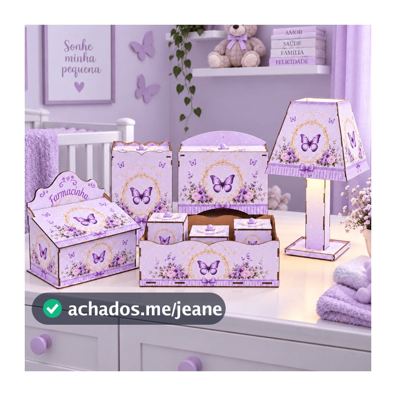 Kit Higiene Bebê Completo 8 Peças Borboleta Lilás MDF Decorado Luxo Menina