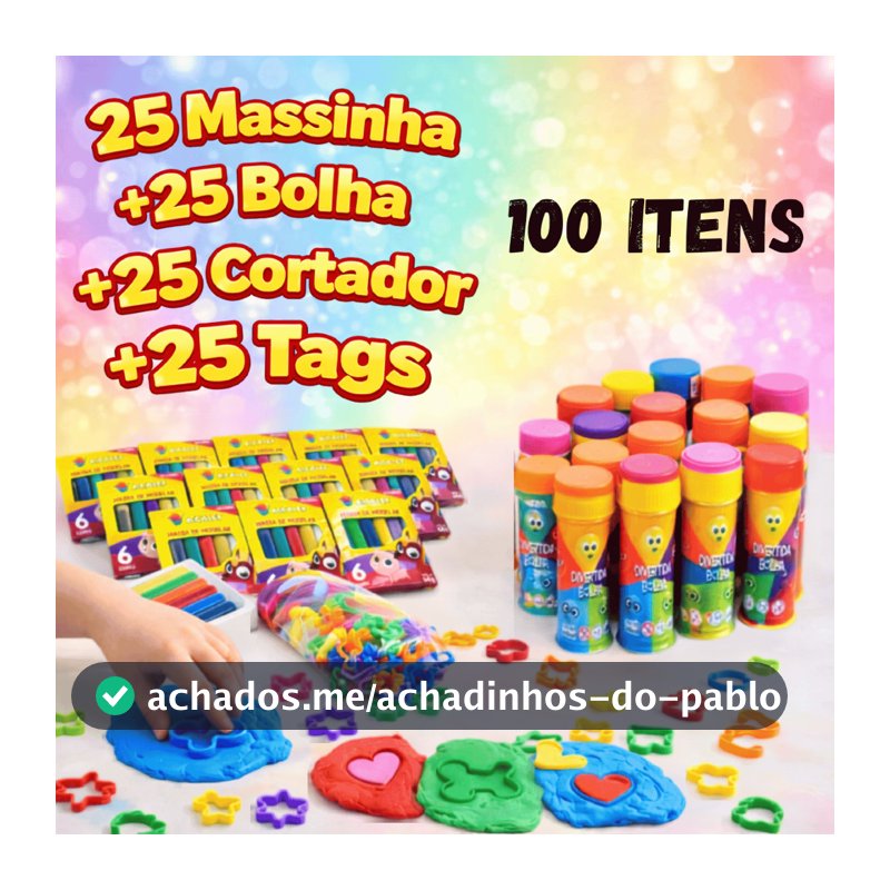 Kit 25 Cx Massinha de Modelar + 25 Bolha de Sabão + 25 Cortador + 25 Tags lembrancinhas de aniversário infantil festa