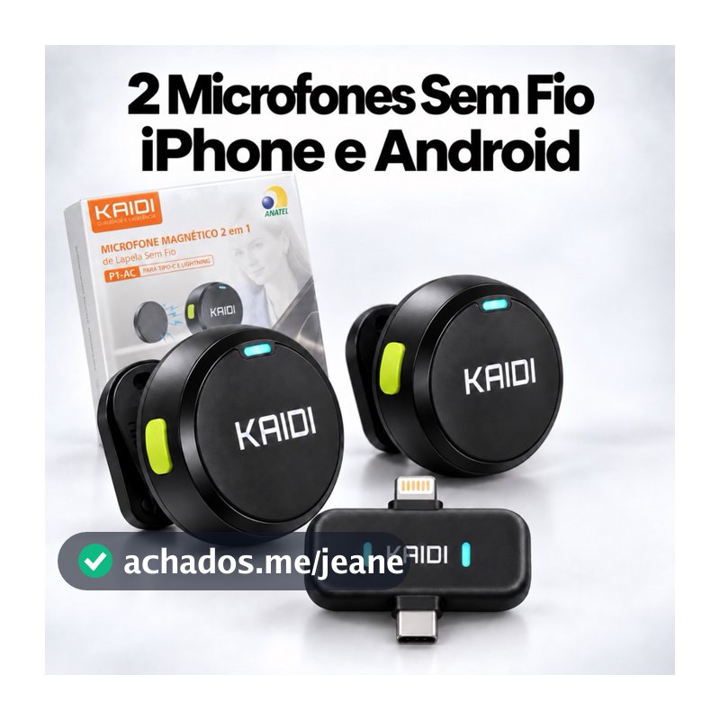 Microfone de Lapela Sem Fio Kaidi Duplo 2 em 1 Magnético para iPhone e Tipo C Entrevista Podcast Vídeo Live e Gravação