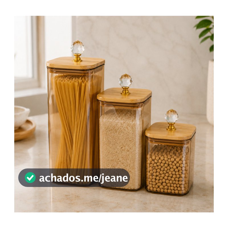 Kit Potes de vidro hermético quadrado Âmbar com tampa de bambu e Cristal porta mantimentos