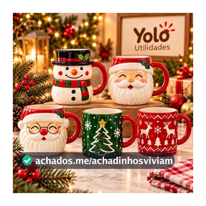 Caneca de Cerâmica Natalina com Alça, Estampa D Papai Noel e Boneco de Neve Decoração Natal