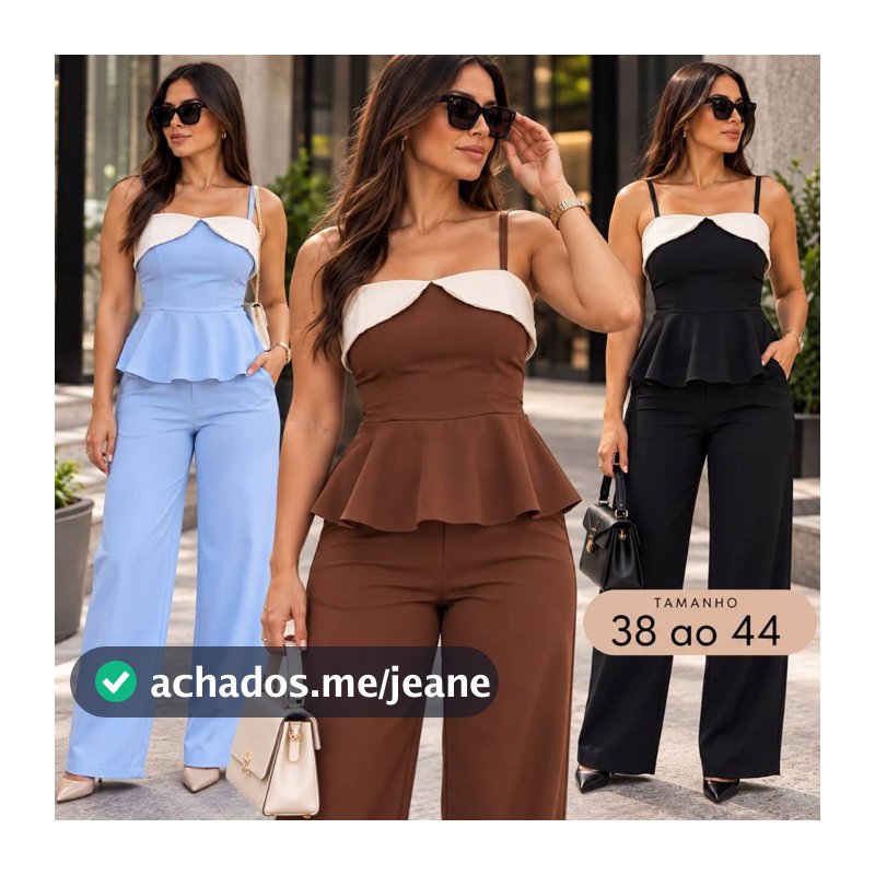 Conjunto Alfaiataria Feminino  CREPINHO  Blusa Peplum Calça Bolsos Linha Premium Varias Cores ALTO PADRAO