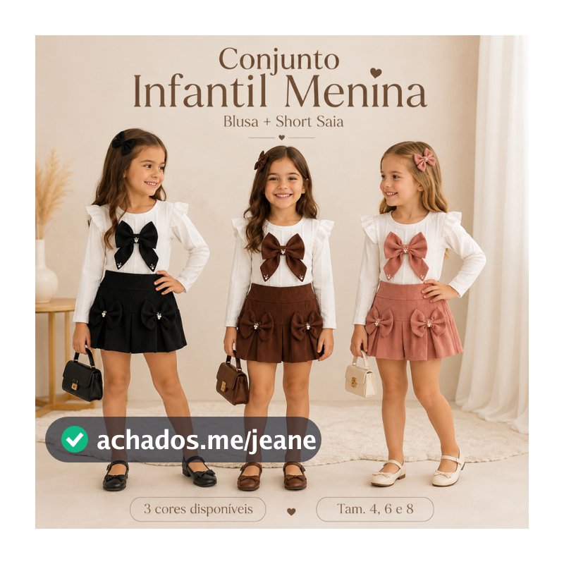 Conjunto Infantil Feminino Blusa Manga Longa com Laço e Short Saia Menina 4 6 e 8 Anos