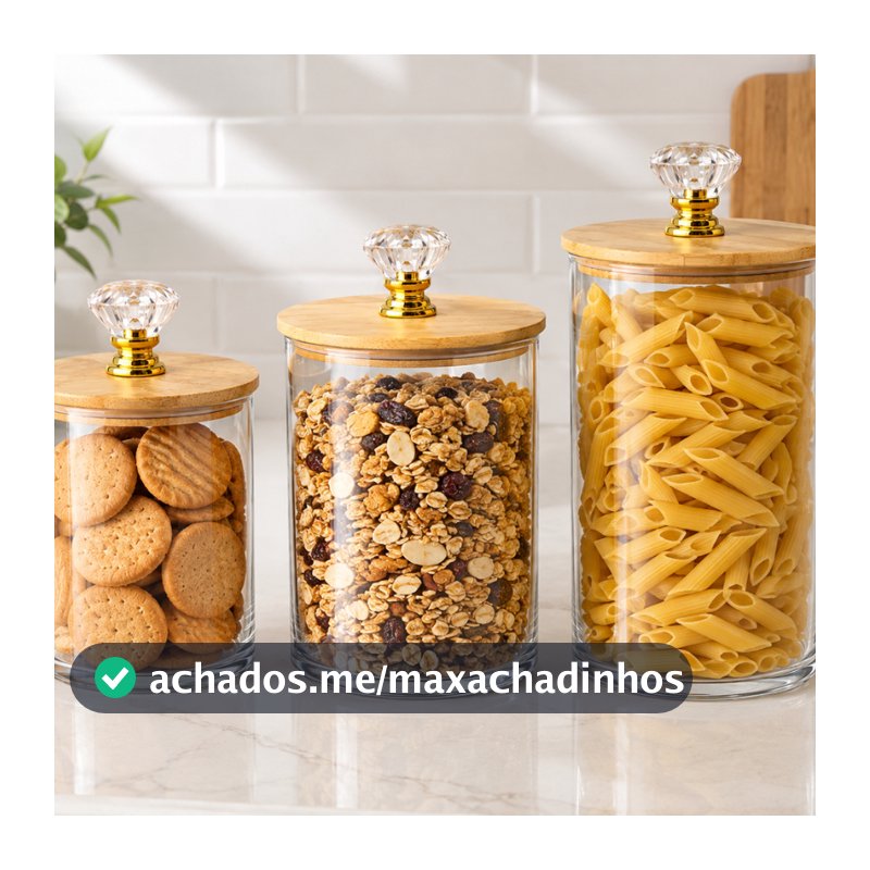 Kit 3 Potes Herméticos Acrílico Premium Redondos Lisos Tampa Bambu e Cristal