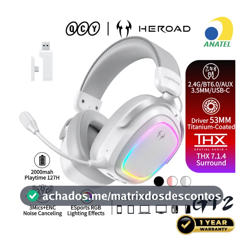 QCY Headset Gamer Sem Fio HEROAD GT2 RGB Bluetooth 6.0 2.4GHz THX 7.1 ENC Mic 127H Bateria PC PS5 Switch