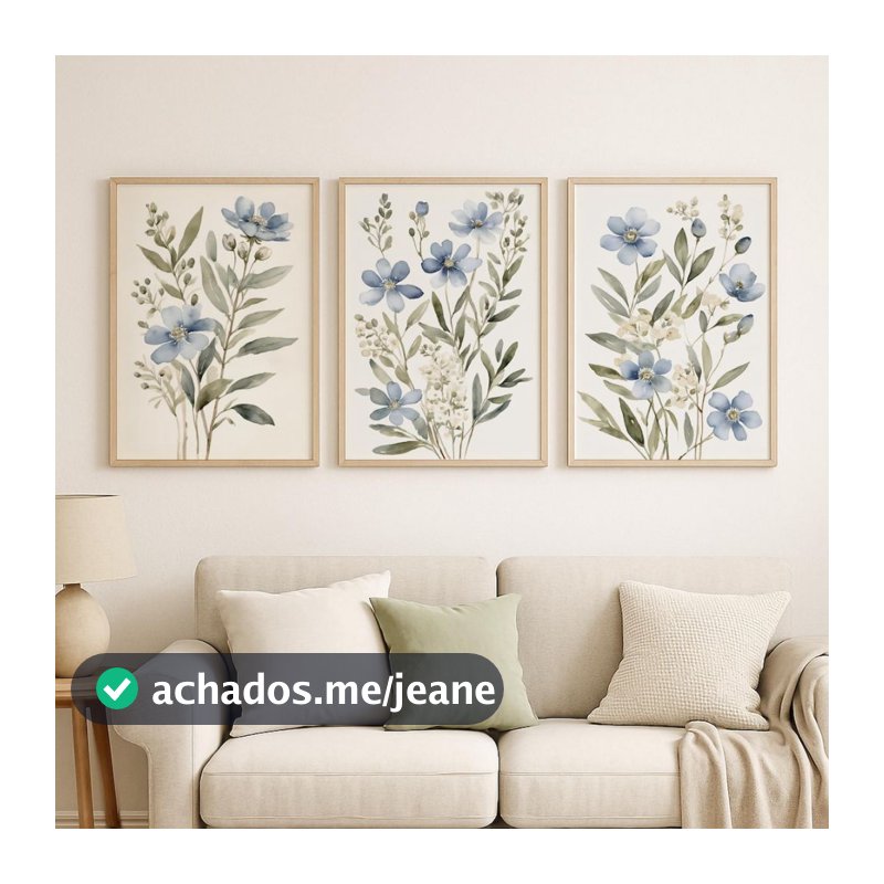 Kit 3 Quadros Flores Floral Florido Jardim Azul Decoração Quarto Sala