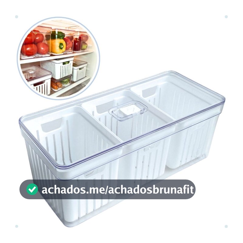 Organizador de Geladeira Grande com 3 Cestos de Drenagem e Tampa com Controle de Ventilação - 6,8 LITROS.
