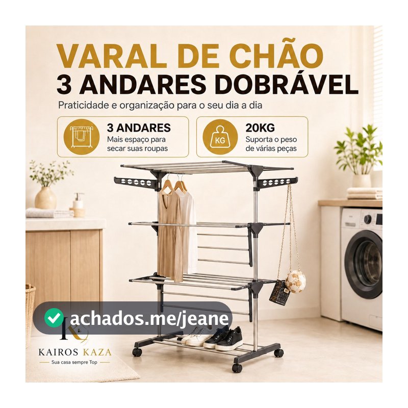 Varal de Chão com Rodinhas Dobrável 3 Andares Portátil
