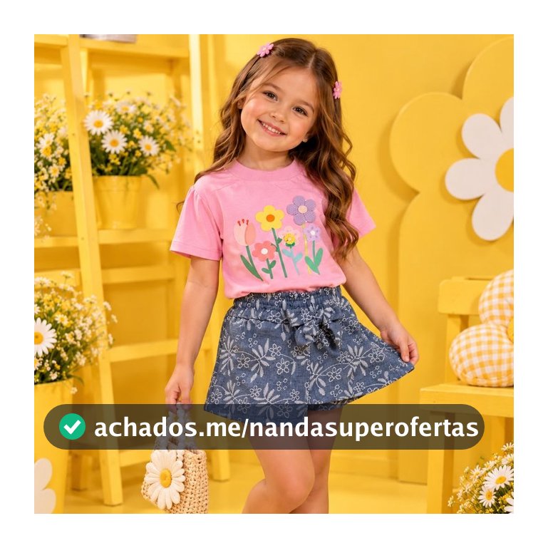 Conjunto Infantil Menina Blusa T-Shirt Flores com Aplicação e Short Saia Estampado Blogueirinha