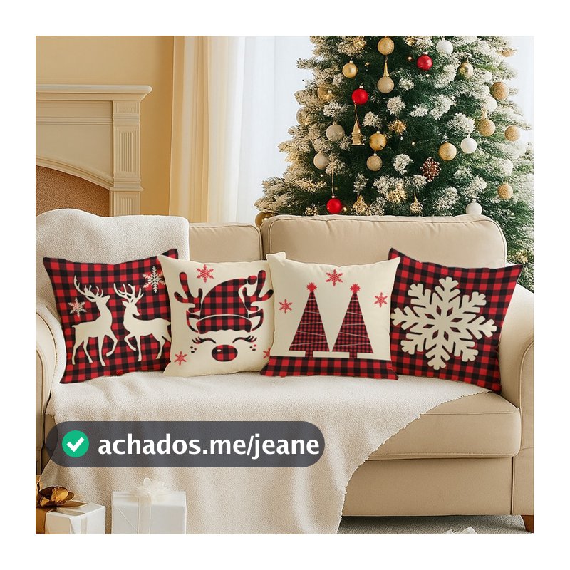 Kit 4 Almofadas Decorativas Capa Noel e Renas Natal Sofá Sala Vermelho Charmosa Decoração Fim de Ano