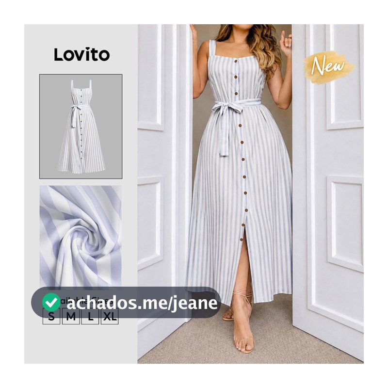 (New Arrival) Lovito Vestido Feminino Boho Listrado Azul E Branco Botões Frontais Linha a Primavera/verão Casual Para Fim De Semana E Férias DRB39BR123