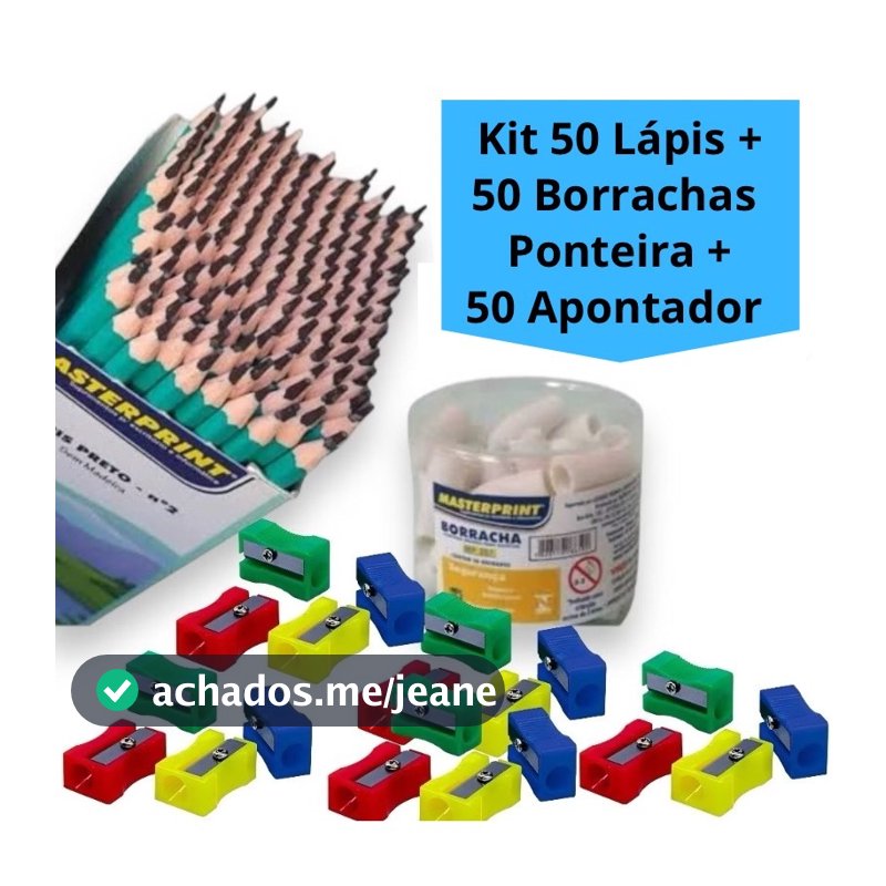 Kit 50 lápis de Escrever Nº2 Preto + 50 Borracha Ponteira Branca + 50 Apontador simples Escolar Escola Estudo
