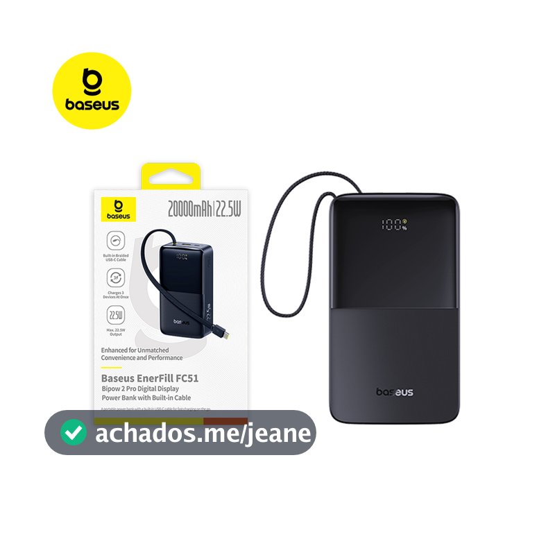 PowerBank Baseus FC51 Bipow2 Pro 10000mAh/20000mAh 22.5W com Cabo Integrado e Display Digital EnerFill