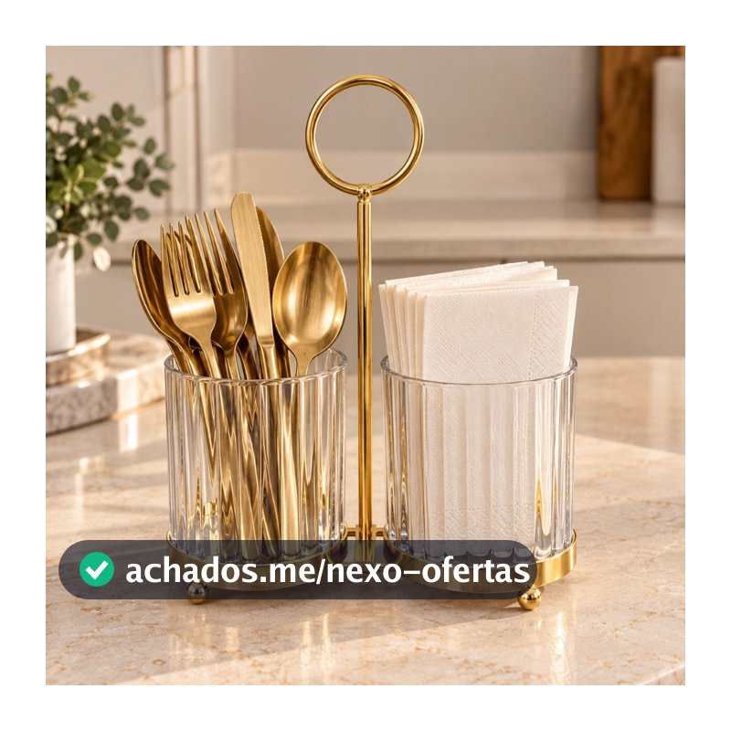 Organizador Porta Talheres e Guardanapos em Acrílico com Suporte Dourado e Alça para Mesa e Cozinha