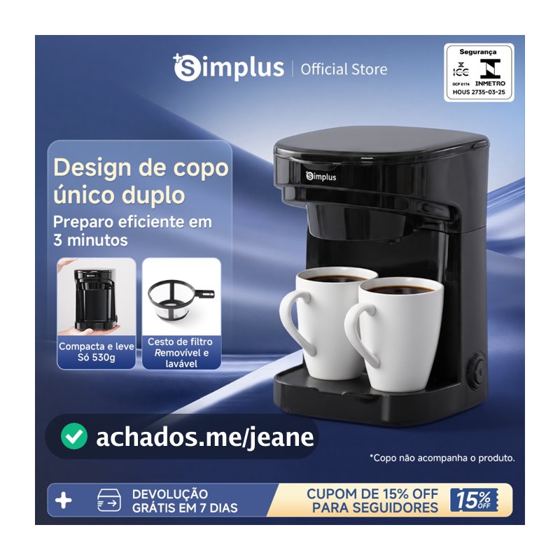 Simplus Cafeteira Elétrica 450W Compacta Duo 1-2 Xícaras 250ml Café Coado Rápido 127V 3 Min Portátil Fácil Uso KFJH013