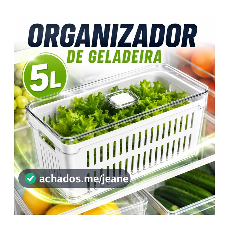 Organizador de Geladeira 5L com Cesto De Drenagem Tampa Clear Fresh Acrílico Frutas Legumes Vegetais