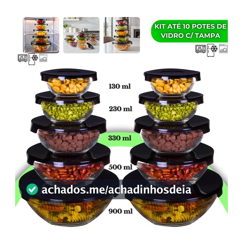 Kit até 10 Potes de Vidro Hermético com Tampa Tigela Redondo Freezer Micro-ondas Marmita Empilhável