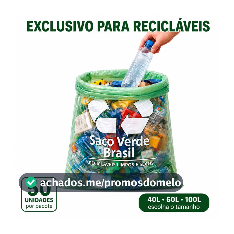 Saco de Lixo Verde para Recicláveis 50 Unidades 40L 60L 100L Translúcido Coleta Seletiva