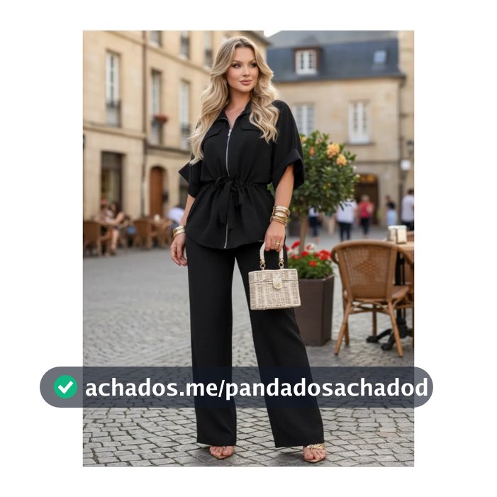 Conjunto Feminino Calça Wide Leg E Camisa Zíper Bolsos Premium Elegante Casual Chique Festa Trabalho