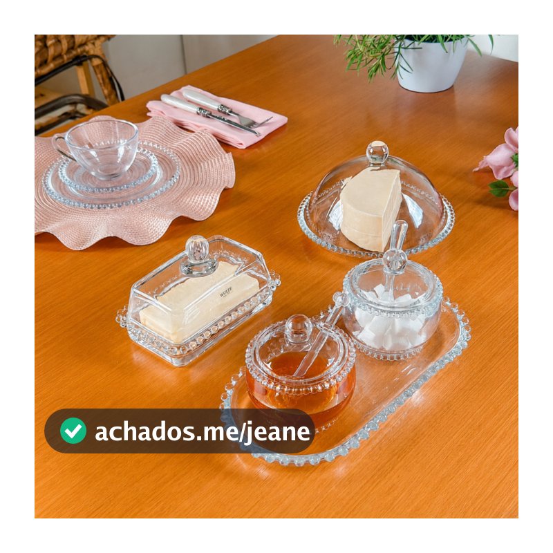 Kit Café da Manhã 5 Itens VIDRO: Queijeira + Manteigueira + Açucareiro + Meleira + Travessa Pearl Bolinhas Wolff