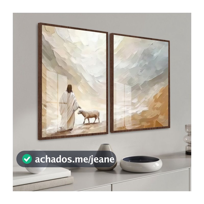 Quadro Moldura Vidro Kit 2 Peças Grandes Religioso Jesus Pastor Cordeiro Deus Quarto Sala Escritório