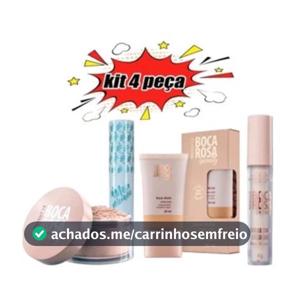 Conjunto de 4 peças BOCA ROSA Base líquida + Pó mármore + Rímel e corretivo