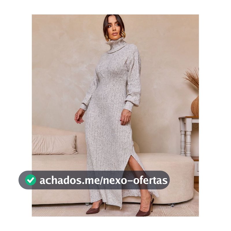 Vestido Feminino Tricô Longo Mousse Midi Gola Alta Fenda Trança Canelado Manga Bufante Inverno Casual