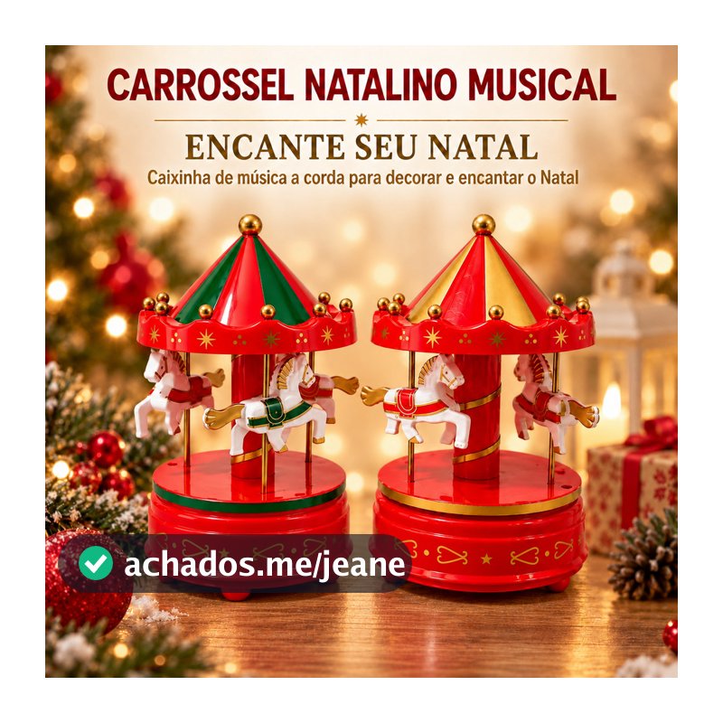 Carrossel Natalino Musical a Corda com Cavalinhos Caixinha de Música Decoração de Natal 16cm
