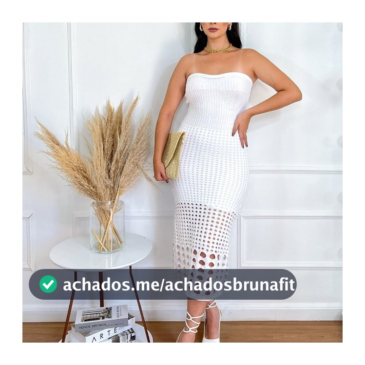 Vestido Midi Branco Tomara Que Caia Tricot Canelado e Crochê Look Festa e Praia