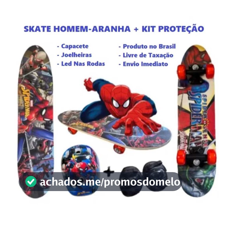 Skate Infantil Radical Antiderrapante Homem Aranha Com Kit Segurança Menino e Menina 60CM Promoção