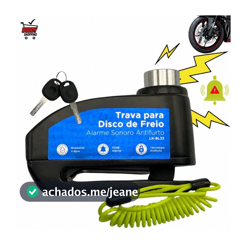 Trava de Disco com Alarme 110dB Luatek LK-BL32 Antifurto para Moto e Scooter com Cabo de Aviso
