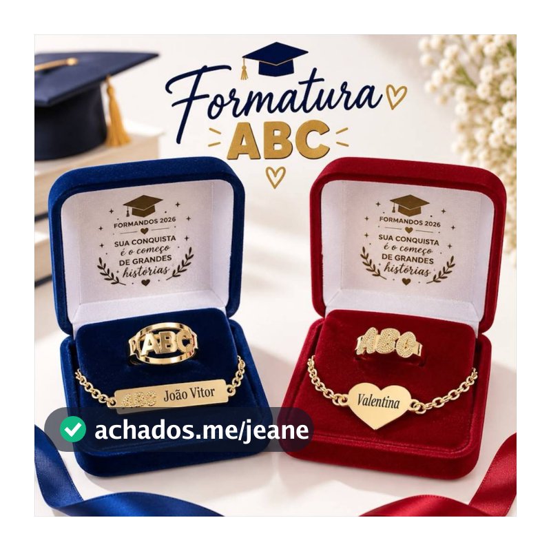 Kit Formatura Infantil Anel ABC + Pulseira Personalizada com Nome + Caixinha Camurça Personalizada Presente