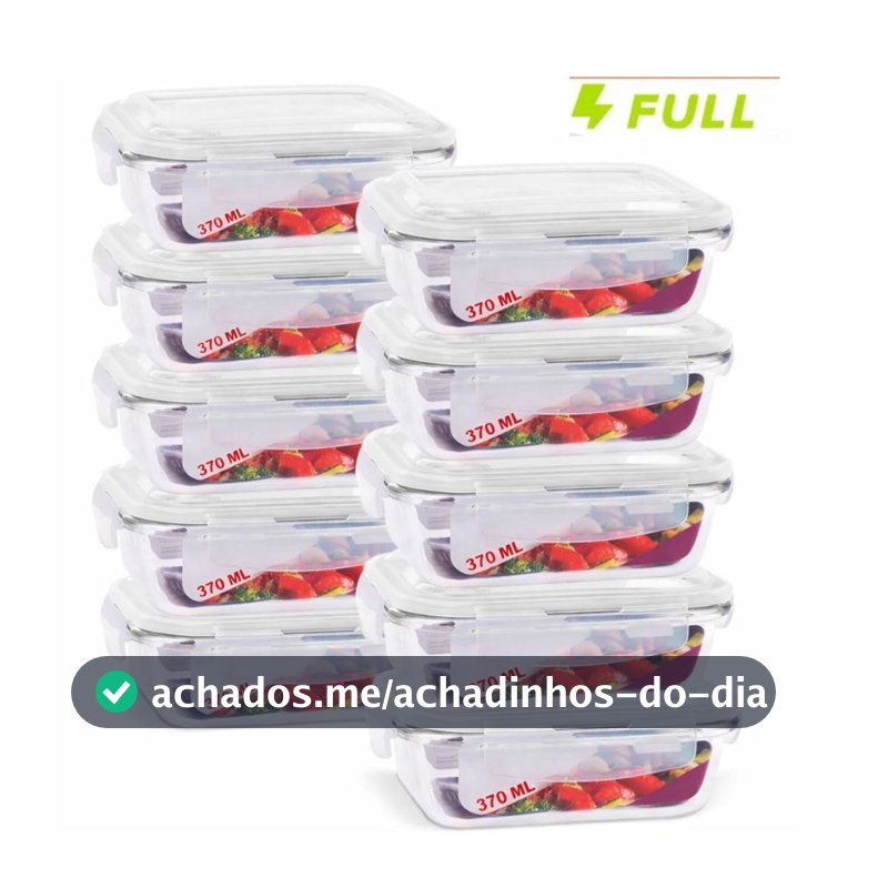 Kit 10 Pote Hermético de Vidro 370ml Marmita Fit Tampa 4 Travas Freezer Microondas Geladeira