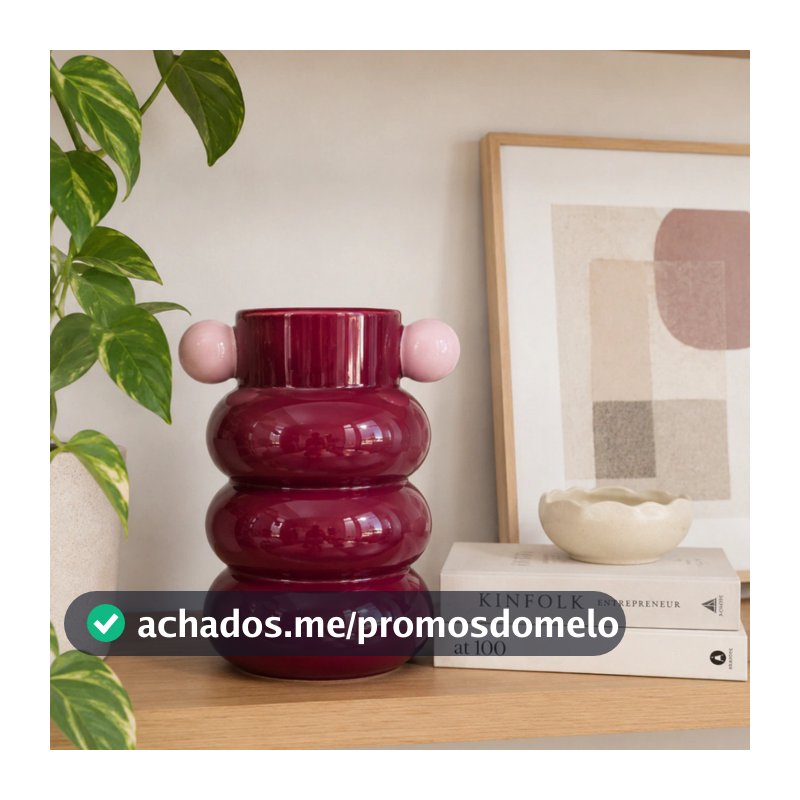 Vaso de Cerâmica Decorativo Cachepot Orgânico Ondulado Bordô Detalhe Bolas Rosas Loop 22,5X18X29CM
