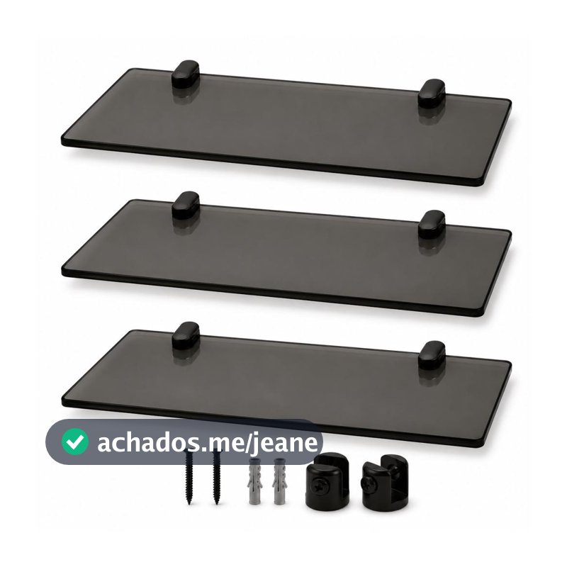 Kit 3 Prateleira Multiuso 30cm Suporte Preto com Vidro Fumê 6mm Banheiro Moderno