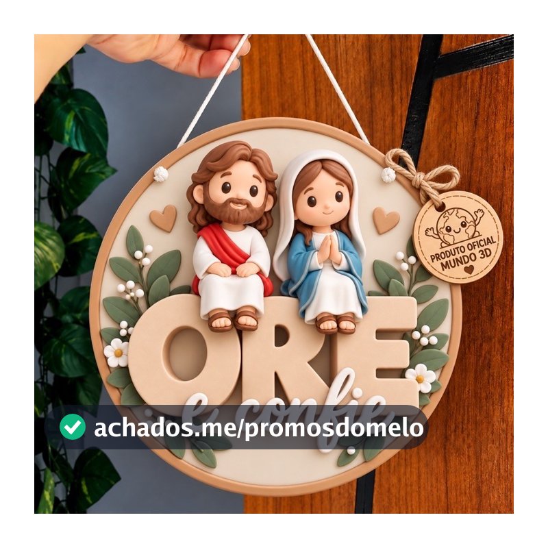 Guirlanda Plaquinha Decorativa MDF Mini Jesus Maria Efeito 3D Ore Confie Decoração Natal Enfeite Porta Natalina Pendurar