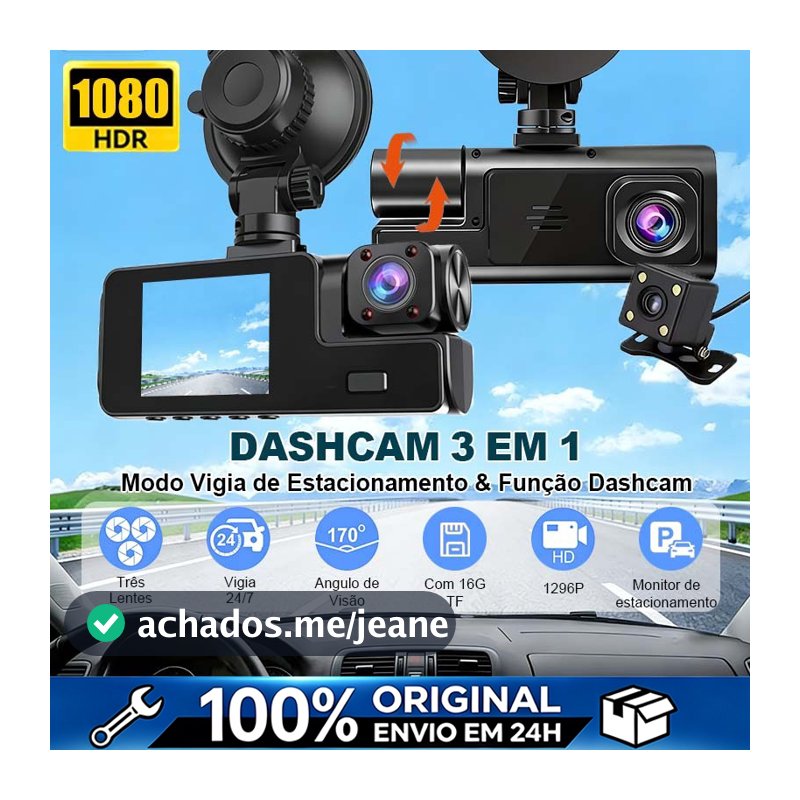 Câmera Veicular Full HD 1296p 3 Lentes (Frontal+Interna+Traseira) Com 16G TF 24H Monitor de Estacionamento