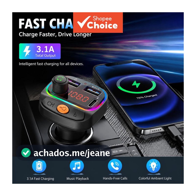 Transmissor FM Bluetooth 5.4 Carregador Rápido Para Carro PD Type C USB Viva-Voz MP3 Music Player