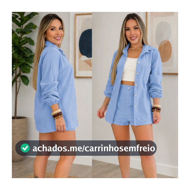 Conjunto Linho Feminino Camisa Manga Longa e Short Verão Casual Elegante Roupa Feminina Leve