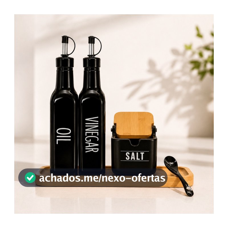 Galheteiro Azeiteiro Saleiro Vinagreiro Preto Tampa de Bambu Black Vinagre Oleo Azeite Sal Madeira Cozinha Preta