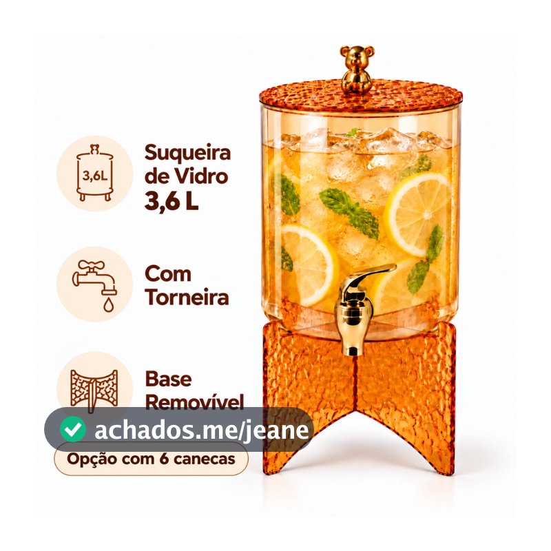 Suqueira de Vidro Âmbar 3,6L com Torneira Dourada, Tampa de Ursinho e Base Removível para Servir Sucos, Água e Chá Frio