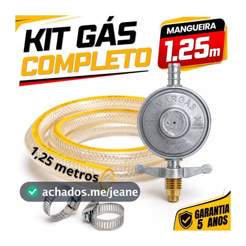 Registro Regulador De Gás De Cozinha Para Botijão Bujão Butijão P13 Com Mangueira 1,25m E 2 Abraçadeiras Kit Completo