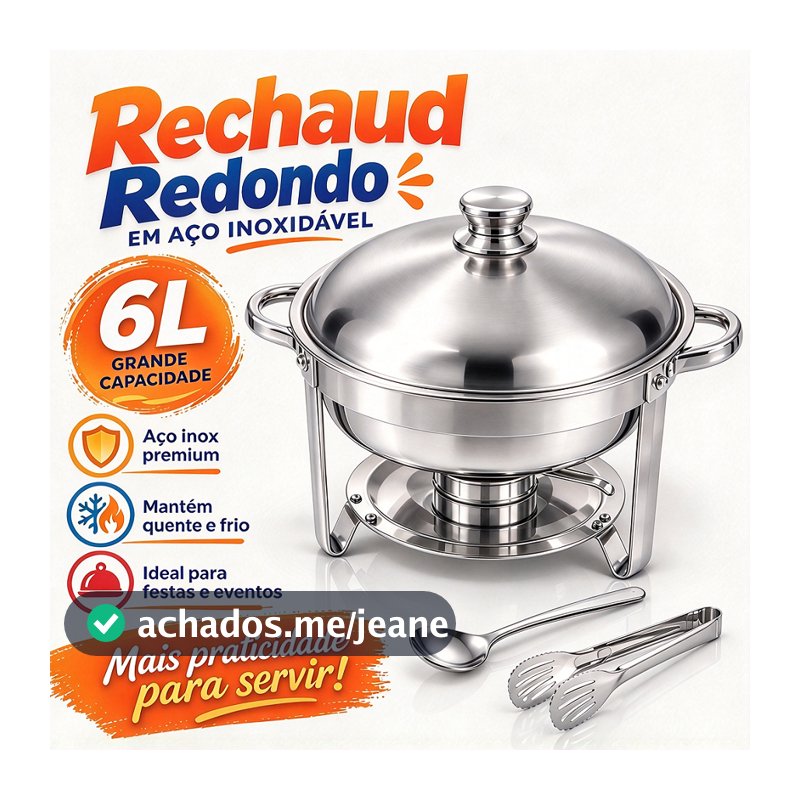 Festa Rechaud Inox Redondo 6L com Pinça e Concha Grande Mantém a Comida Quente por Até 6 Horas