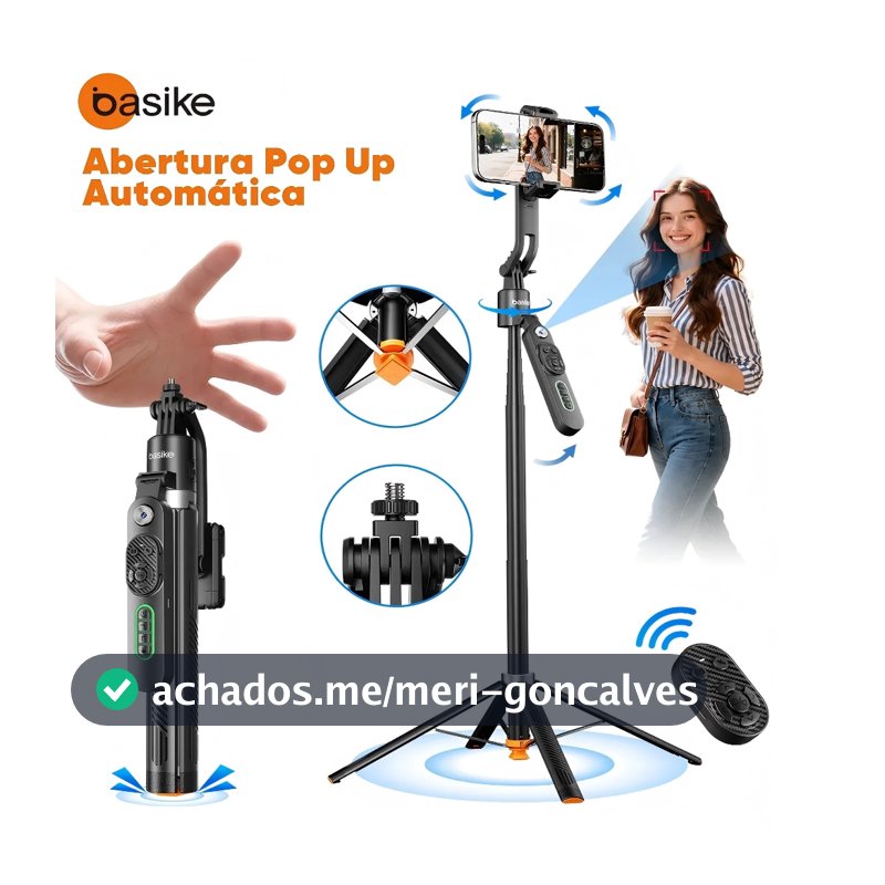 BASIKE Tripé Inteligente 1.8m com Rastreamento Facial AI Estável 360°  Para Celular、Câmera、Vlog E Gopro Abertura Pop-Up