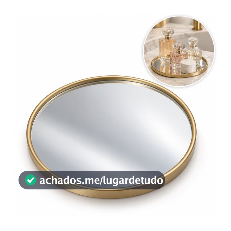 Bandeja Decorativa Espelhada Redonda Dourada 22,5cm 2 em 1 Espelho de Parede Perfume Lavabo Luxo