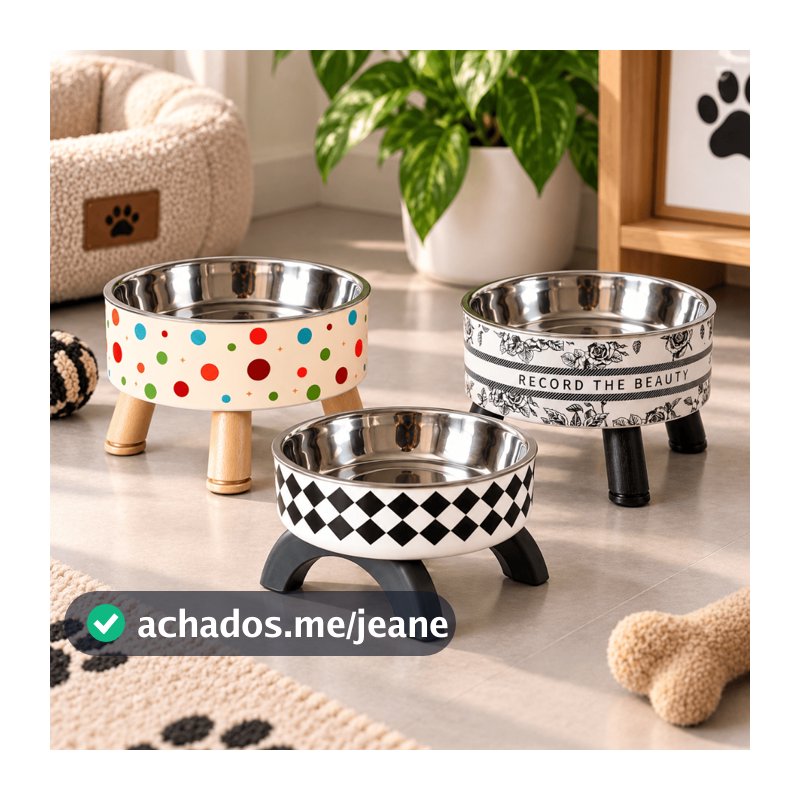 1/2 Kits Comedouros Elevados Estampados Com Tigelas em Inox Cachorros Gatos