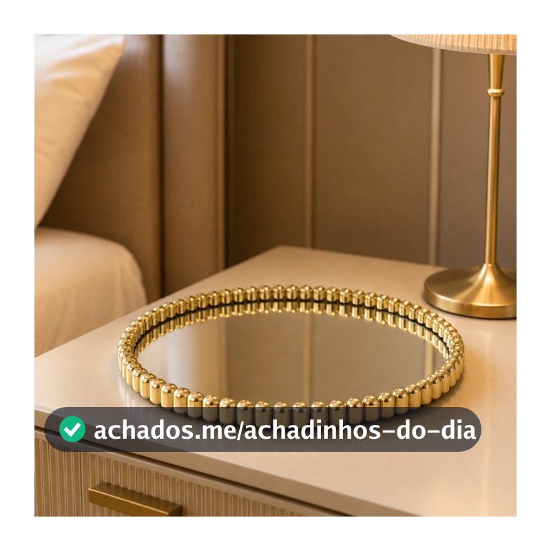 Bandeja Espelhada Dourada 22cm Redonda Decorativa Luxo para Perfumes Maquiagem Joias